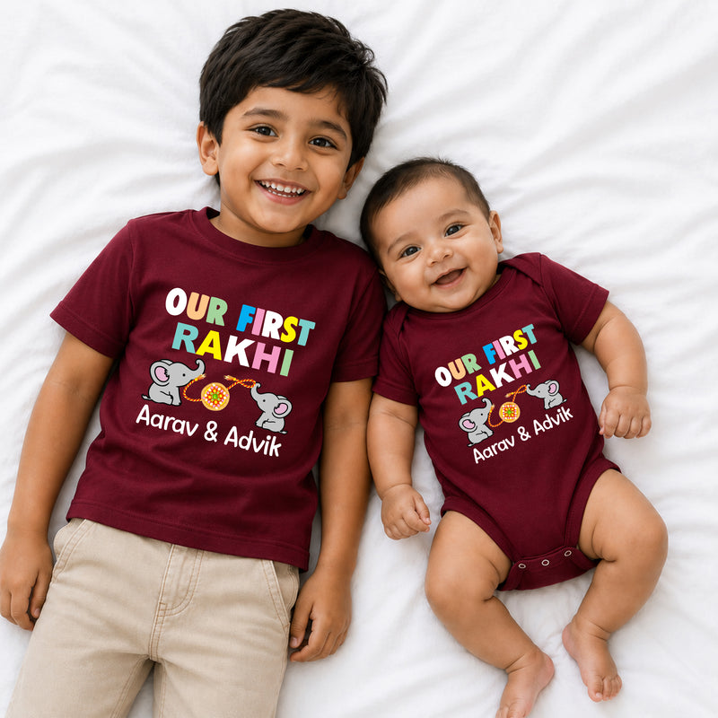 Personalized Our First Rakhi Sibling T-Shirt & Baby Onesie Combo
