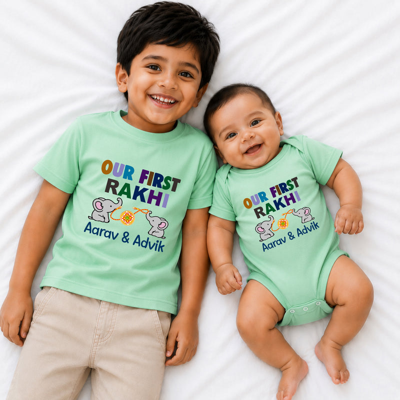 Personalized Our First Rakhi Sibling T-Shirt & Baby Onesie Combo