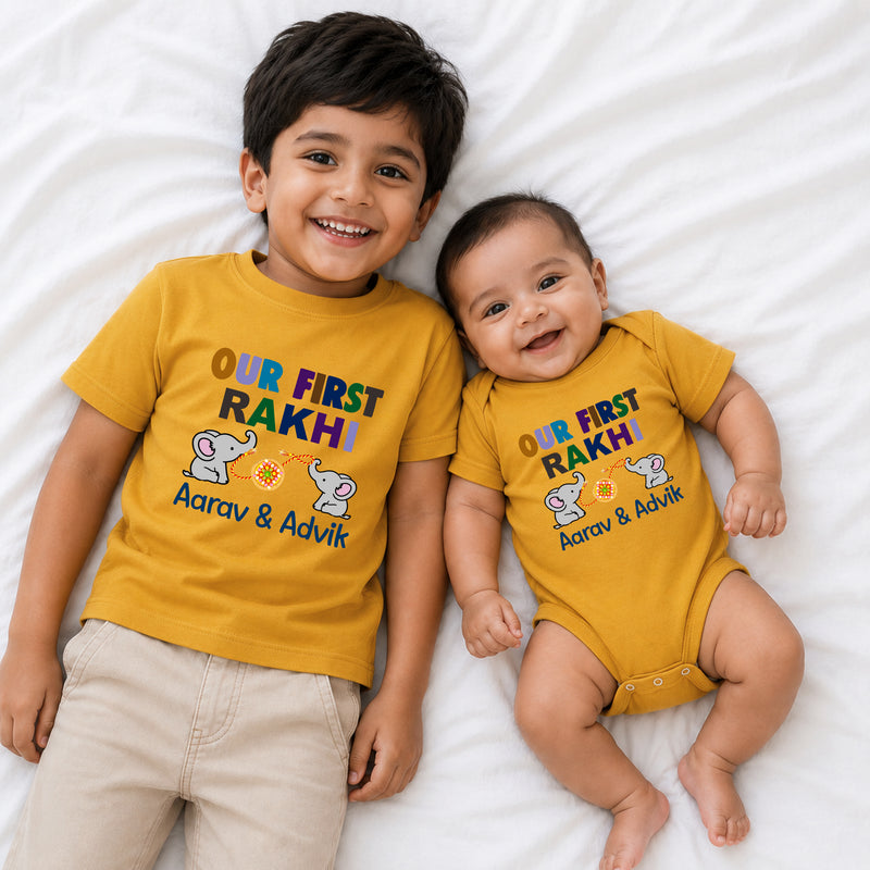 Personalized Our First Rakhi Sibling T-Shirt & Baby Onesie Combo