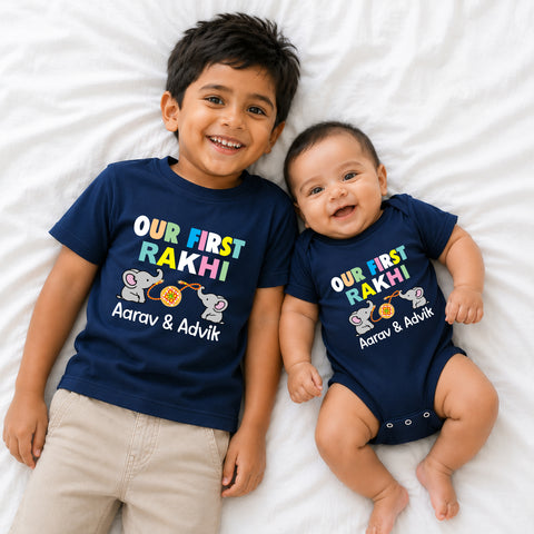 Personalized Our First Rakhi Sibling T-Shirt & Baby Onesie Combo