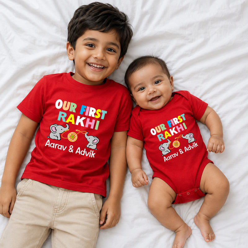 Personalized Our First Rakhi Sibling T-Shirt & Baby Onesie Combo