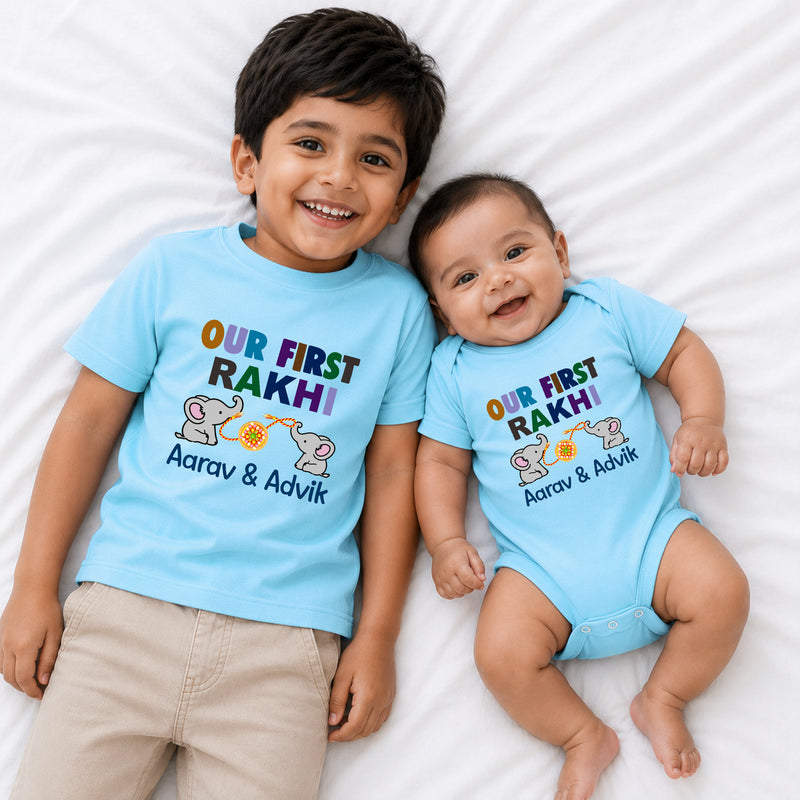 Personalized Our First Rakhi Sibling T-Shirt & Baby Onesie Combo