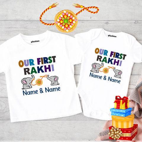 our first rakhi together name customize tees
