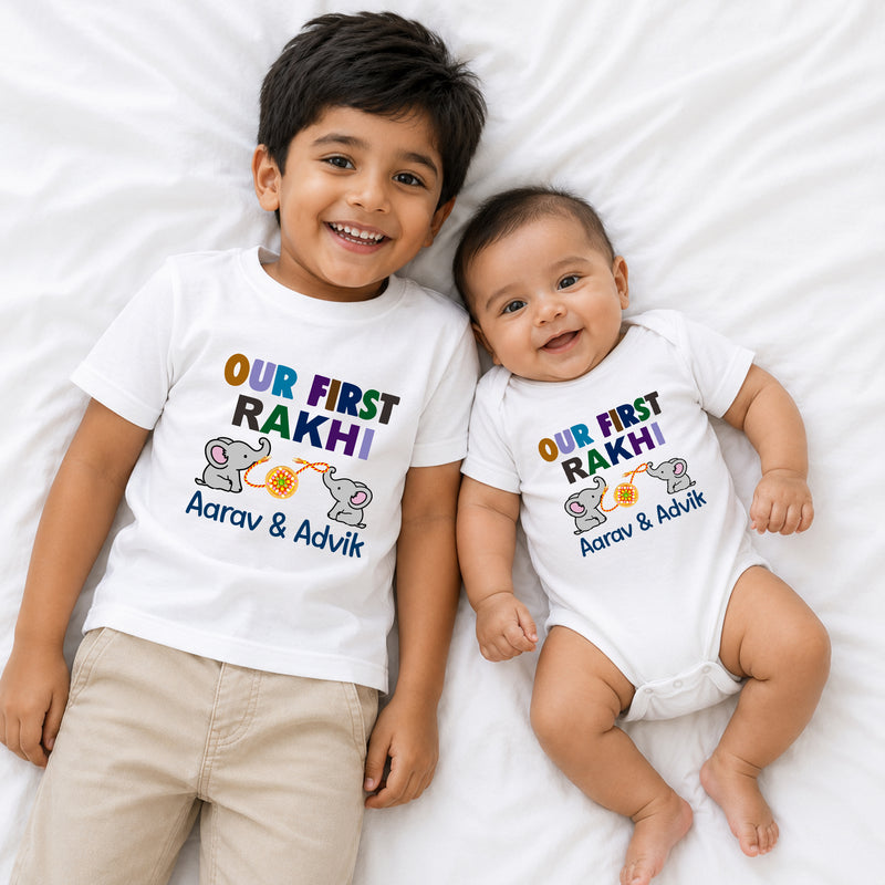 Personalized Our First Rakhi Sibling T-Shirt & Baby Onesie Combo