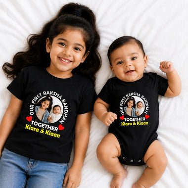 Our First Raksha Bandhan photo name customize cotton tees