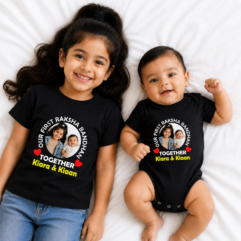 Our First Raksha Bandhan photo name customize cotton tees