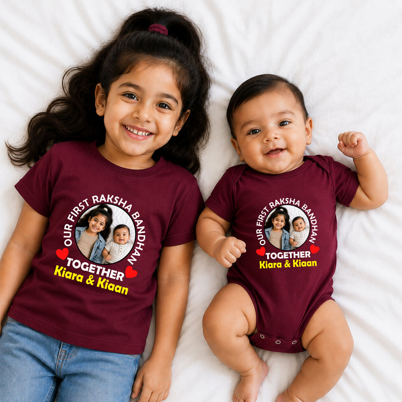 Our First Raksha Bandhan photo name customize cotton tees