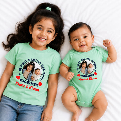 Our First Raksha Bandhan photo name customize cotton tees