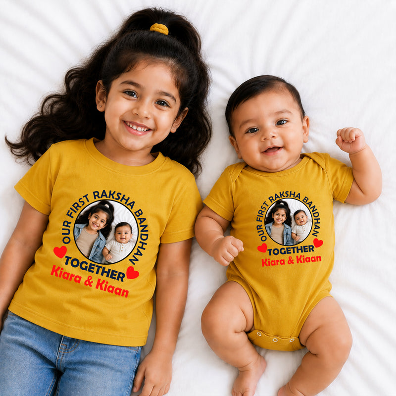 Our First Raksha Bandhan photo name customize cotton tees