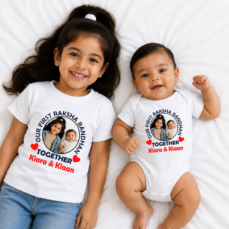 Our First Raksha Bandhan photo name customize cotton tees