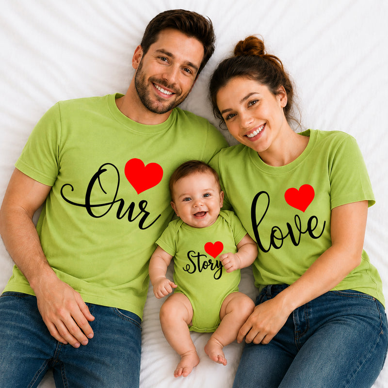 Our Love Story Matching Family T-Shirts – Dad, Mom & Baby Combo