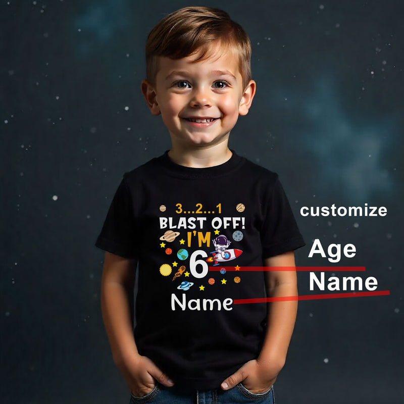 Space Rocket Theme Blast Off age name customize tees