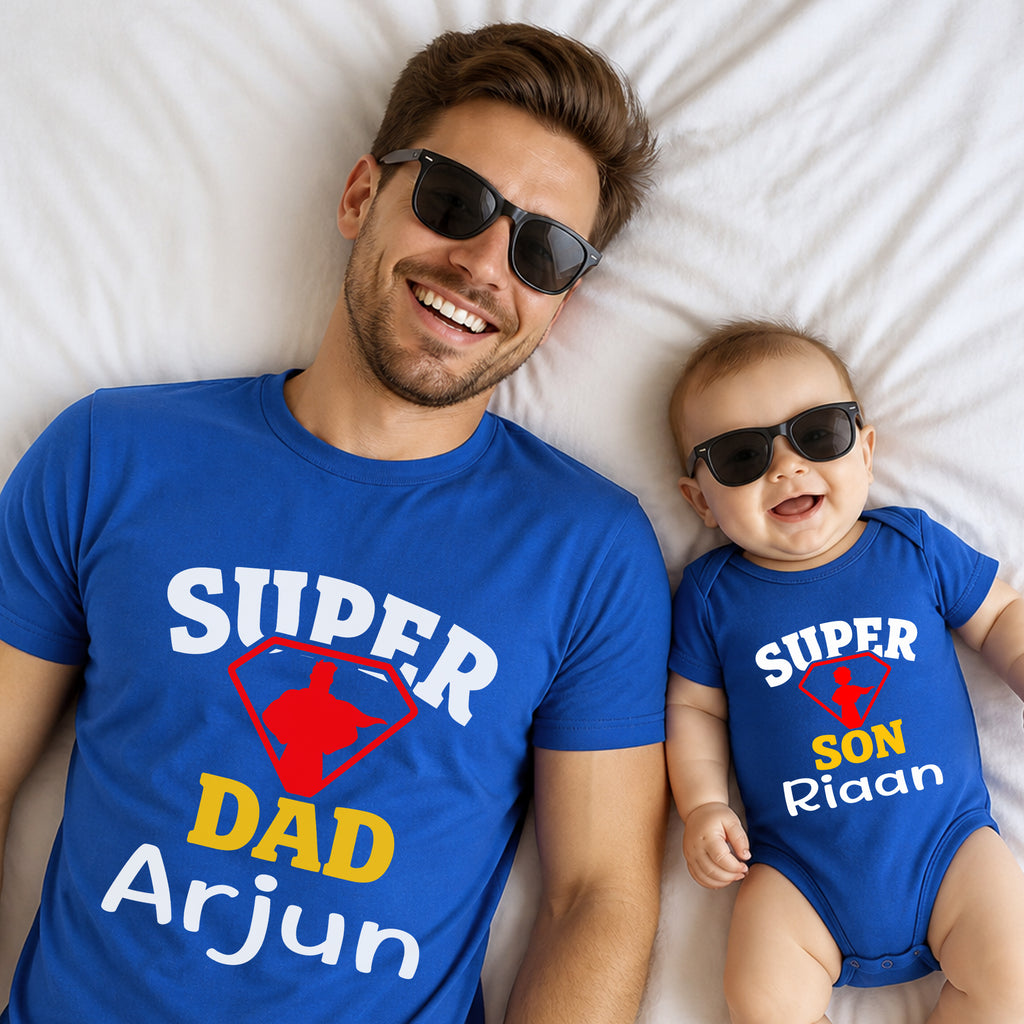 Personalized Super Dad and Super Son Matching Blue Tees Set
