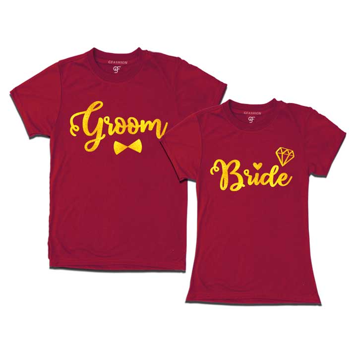 Groom and bride gold print customize t shirts  for pre wedding shoot