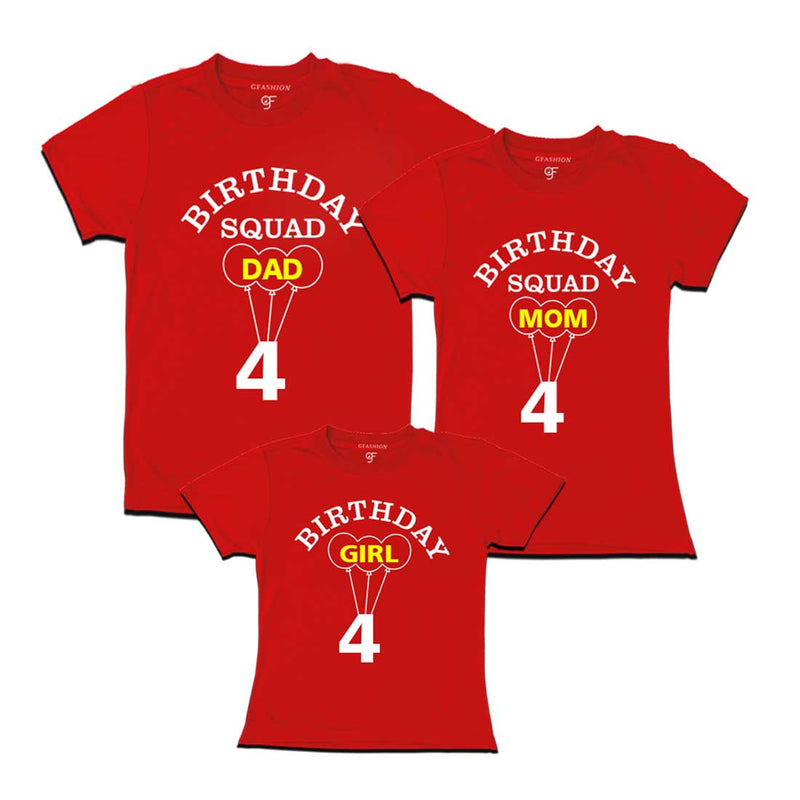 4th Birthday Girl with Squad Dad,Mom,T-shirts in Red color Available @ gfashion