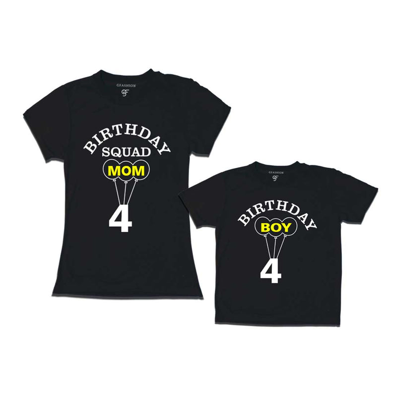 4th Birthday Boy with Squad Mom T-shirts in Black color Available @ gfashion