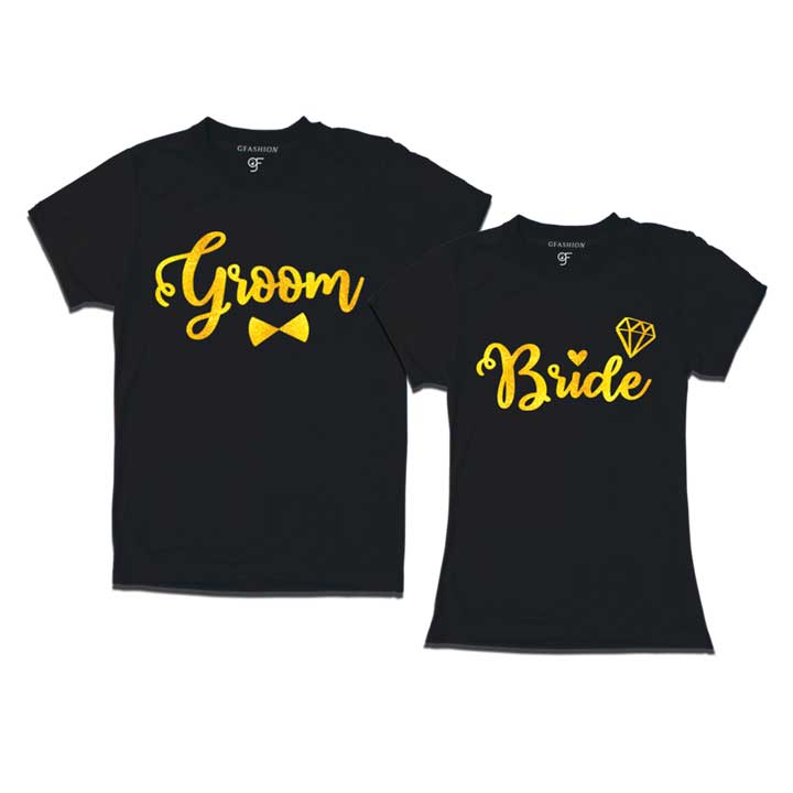 Groom and bride gold print customize t shirts  for pre wedding shoot