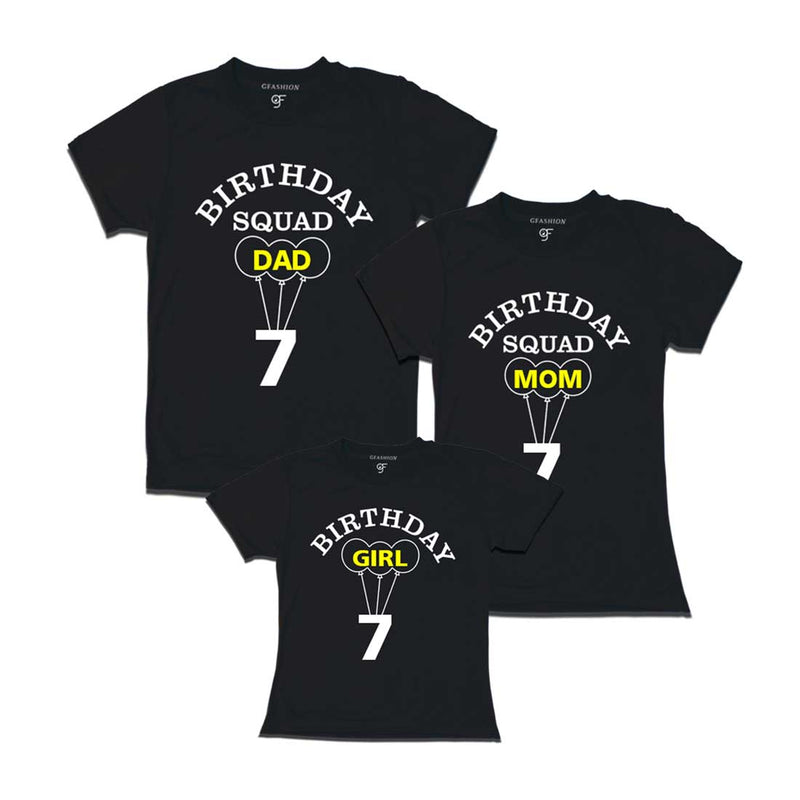 7th Birthday Girl with Squad Dad, Mom T-shirts in Black Color available @ gfashion