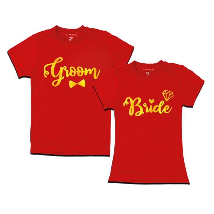 Groom and bride gold print customize t shirts  for pre wedding shoot