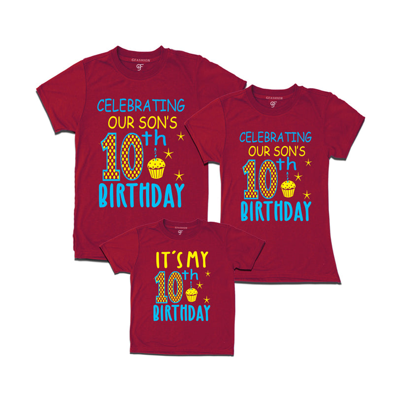 Celebrating 10th Birthday T-shirts for  Dad Mom and Son in Maroon Color available @ gfashion.jpg