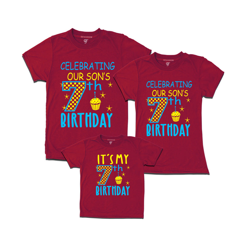 Celebrating 7th Birthday T-shirts for  Dad Mom and Son in Maroon Color available @ gfashion.jpg