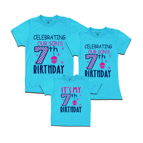 Celebrating 7th Birthday T-shirts for  Dad Mom and Son in Sky Blue Color available @ gfashion.jpg