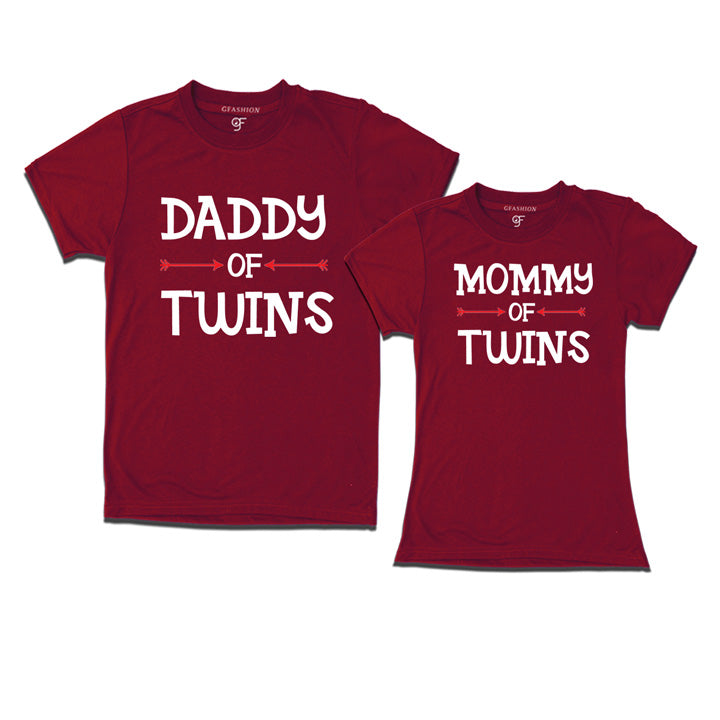 Daddy Mommy of Twins T-Shirts-Maroon-gfashion