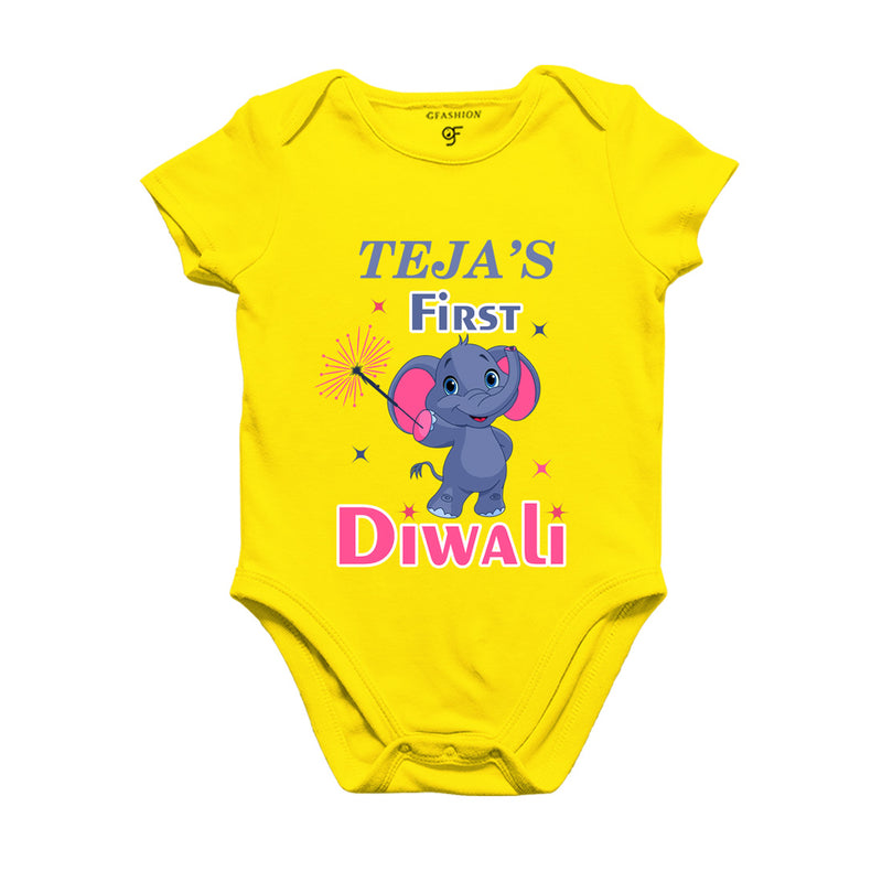 First Diwali Name customized Rompers (or) Bodysuit (or)onesie T-shirt in Yellow Color available @ gfashion.jpg