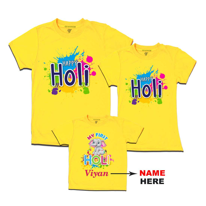 First Holi T-shirts for Dad Mom and Kids-Name Customized in Yellow Color avilable @ gfashion.jpg
