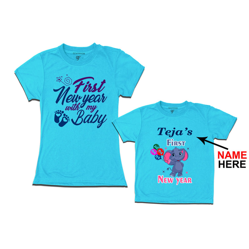 First New Year as a Mom and Baby t shirt with Name in Sky Blue Color avilable @ gfashion.jpg