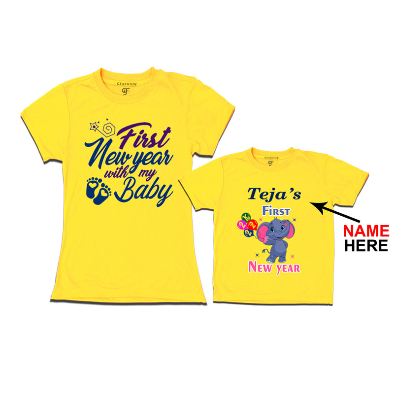 First New Year as a Mom and Baby t shirt with Name in Yellow Color avilable @ gfashion.jpg