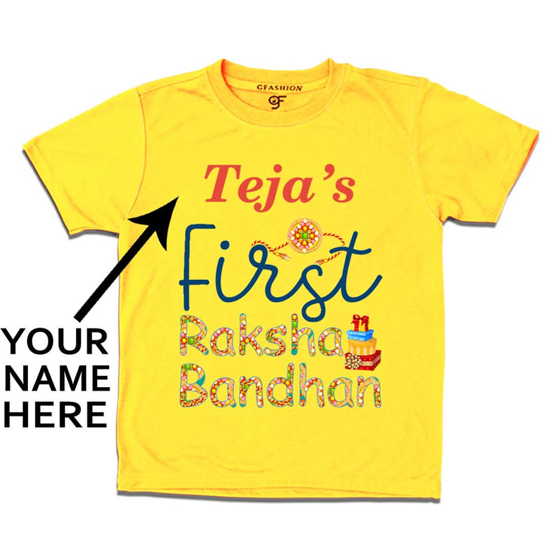 First Raksha Bandhan Baby T-shirt with name  in Yellow Color available @ gfashion.jpg