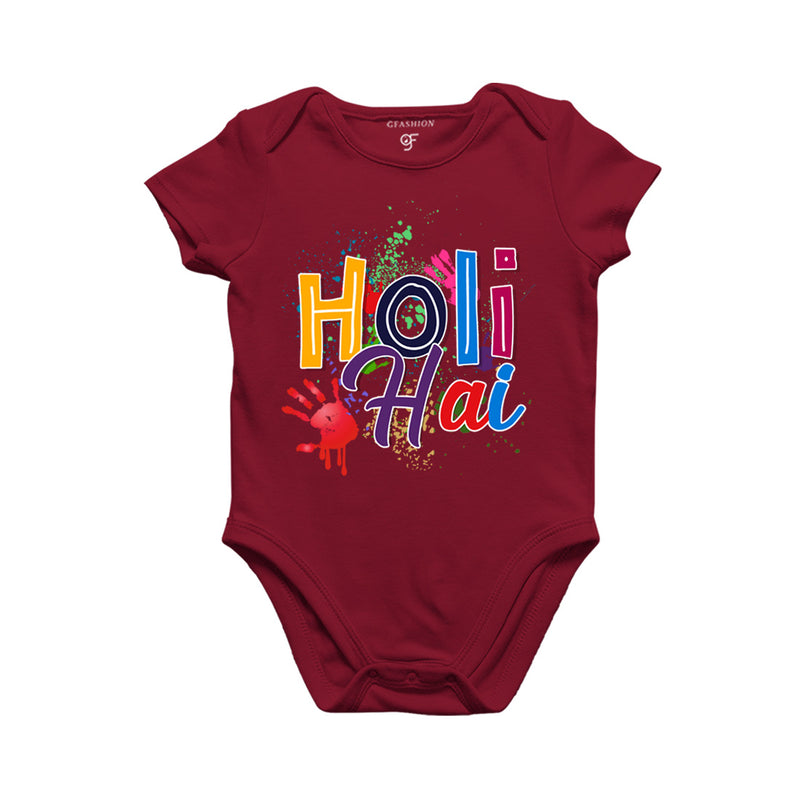Holi Hai Baby Onesie in Maroon Color available @ gfashion.jpg