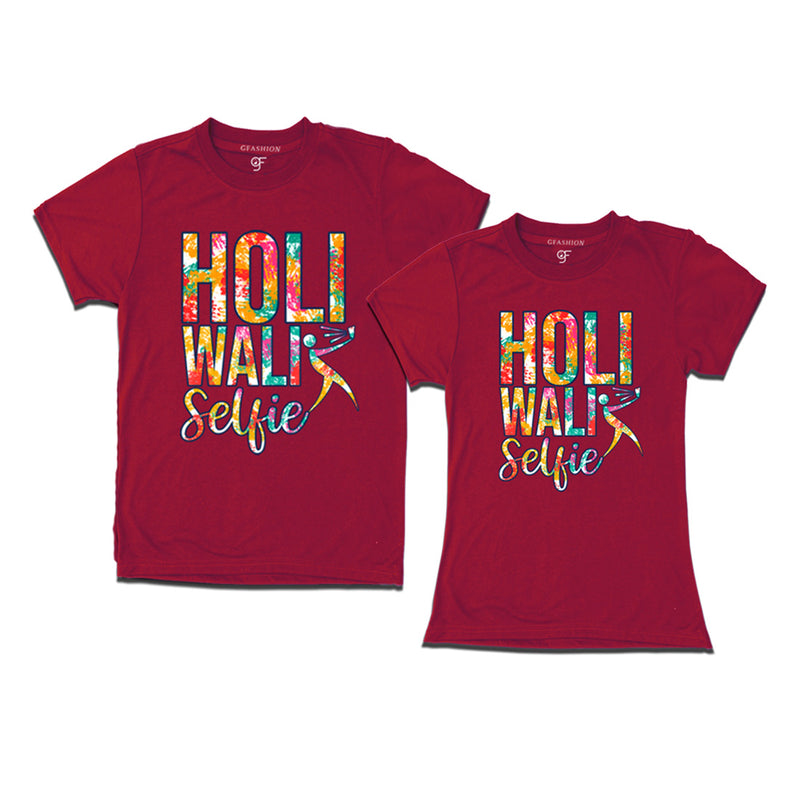 Holi Wali Selfie Couple T-shirts in Maroon Color available @ gfashion.jpg
