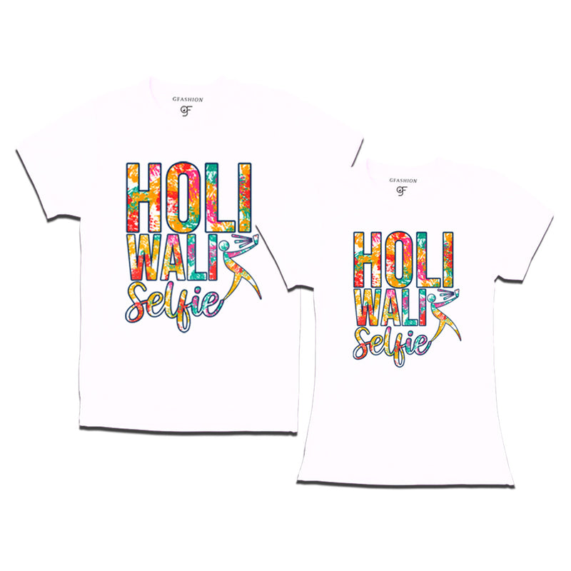 Holi Wali Selfie Couple T-shirts in White Color available @ gfashion.jpg