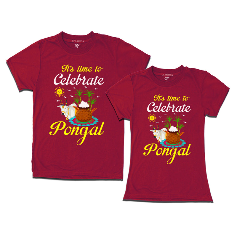 It's Time to Celebrate Pongal Couples T-shirts in Maroon Color available @ gfashion.jpg