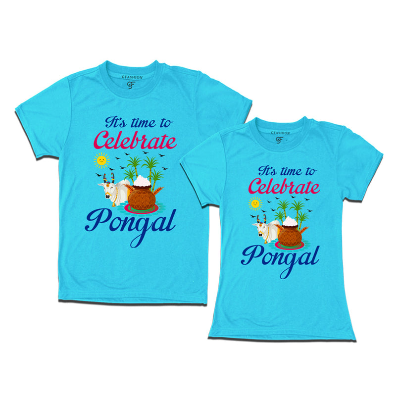 It's Time to Celebrate Pongal Couples T-shirts in Sky Blue Color available @ gfashion.jpg