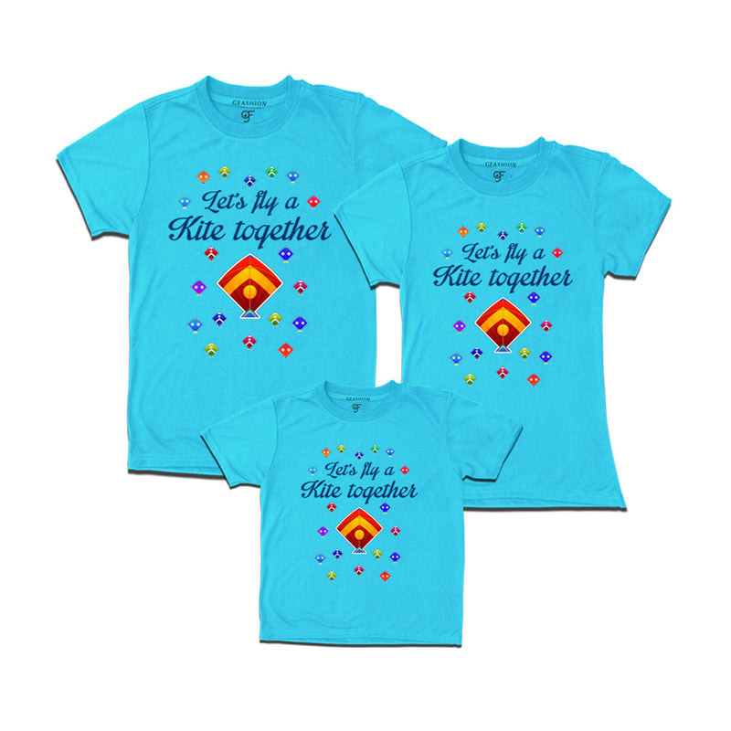 Let's fly a kite Together Sankranti T-shirts for Dad Mom and Kids in Sky Blue Color available @ gfashion.jpg