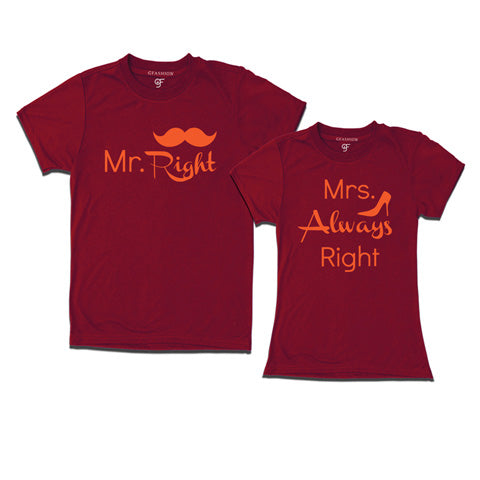 Mr Right Mrs Always Right T-shirts-Husband Wife t-shirts-gfashion-maroon