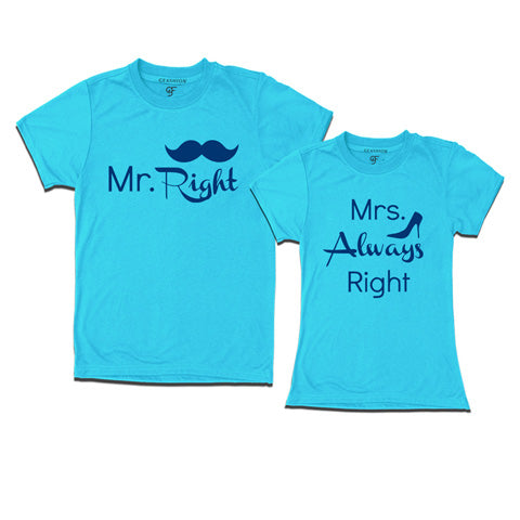 Mr Right Mrs Always Right T-shirts-Husband Wife t-shirts-gfashion-skyblue