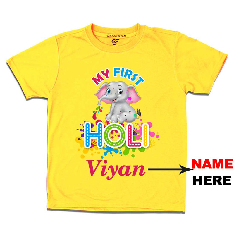My First Holi Baby T-shirt-Name Customized in Yellow Color available @ gfashion.jpg