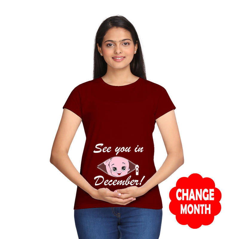 See you in December Maternity T-shirts With Baby Print in Maroon Color  available @ gfashion.jpg