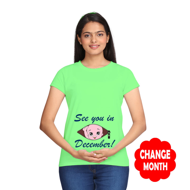 See you in December Maternity T-shirts With Baby Print in Pista Green Color  available @ gfashion.jpg