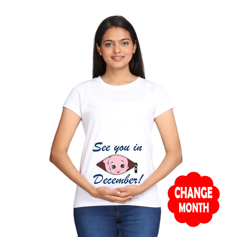 See you in December Maternity T-shirts With Baby Print in White Color  available @ gfashion.jpg