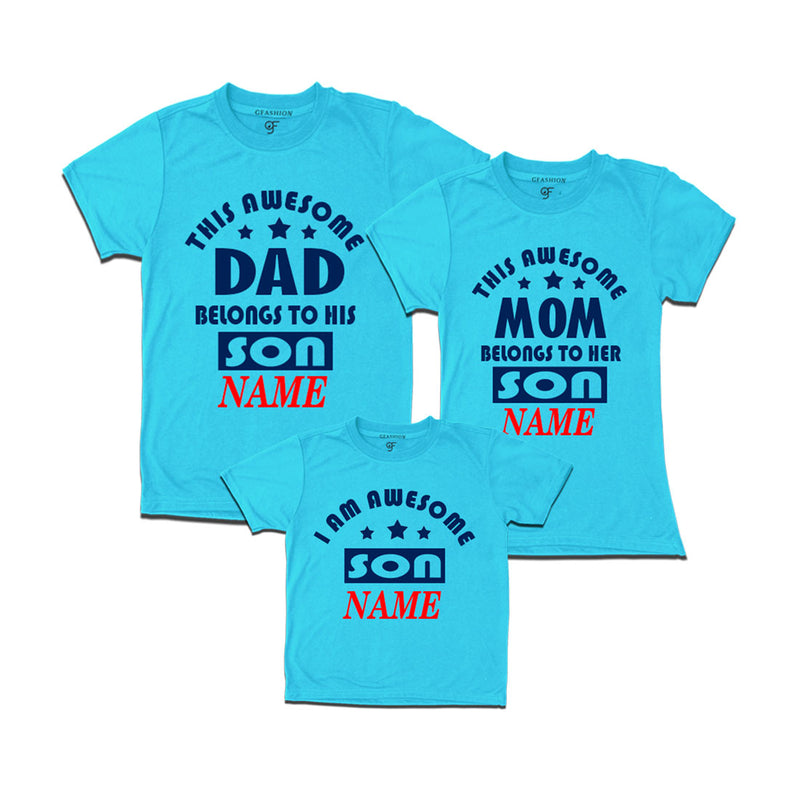 This awesome Dad  and Mom Belongs to their Son T-shirts With Name in Sky Blue Color available @ Gfashion.jpg