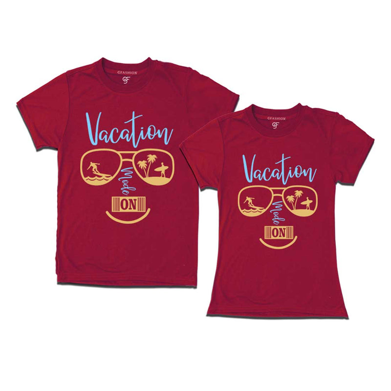 Vacation Mode On T-shirts for Couples in Maroon Color available @ gfashion.jpg