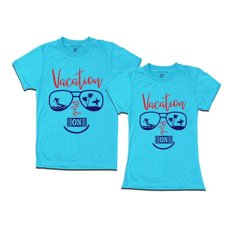 Vacation Mode On T-shirts for Couples in Sky Blue Color available @ gfashion.jpg