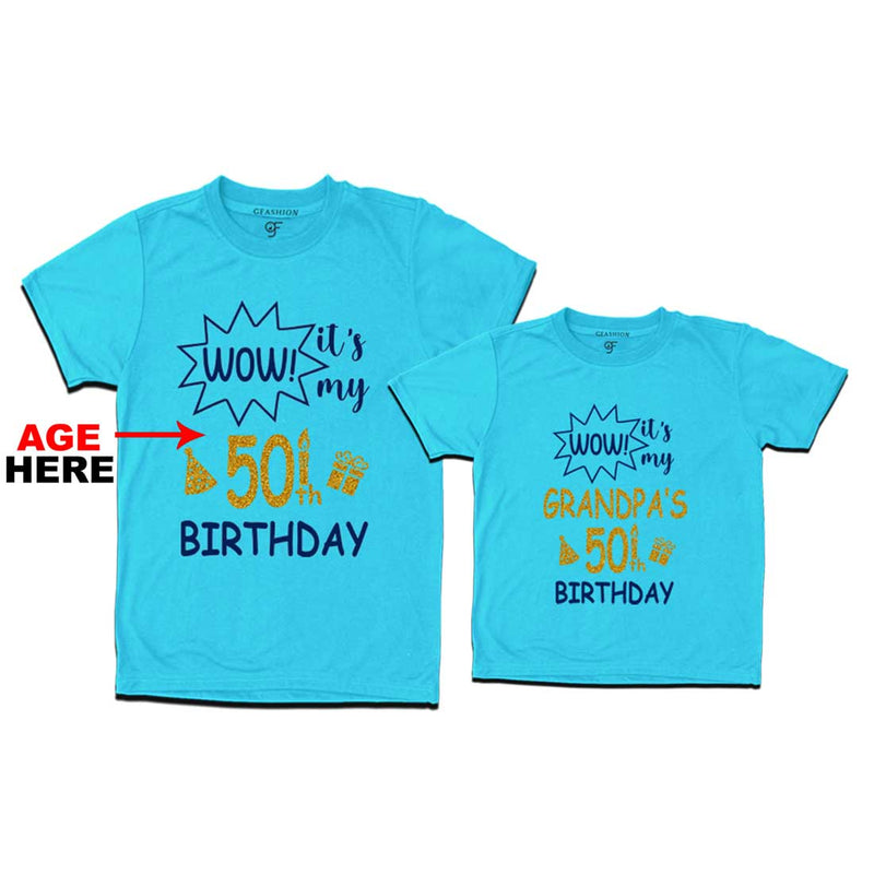 Wow it's My Grandpa's Birthday T-shirts Combo with Age Customized in Sky Blue Color available @ gfashion.jpg