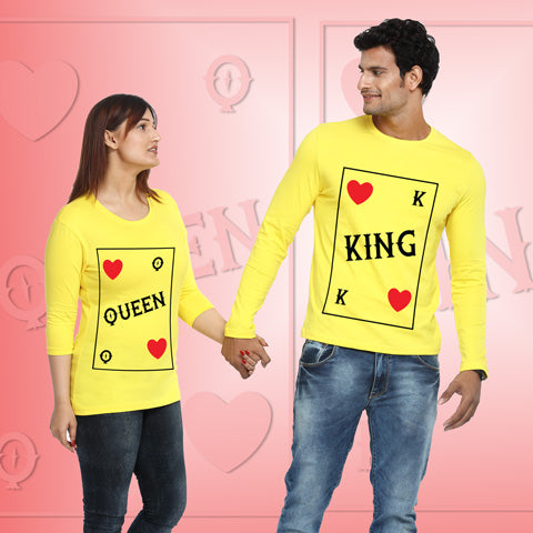 couple full sleeve t-shirts-king queen t shirts-yellow